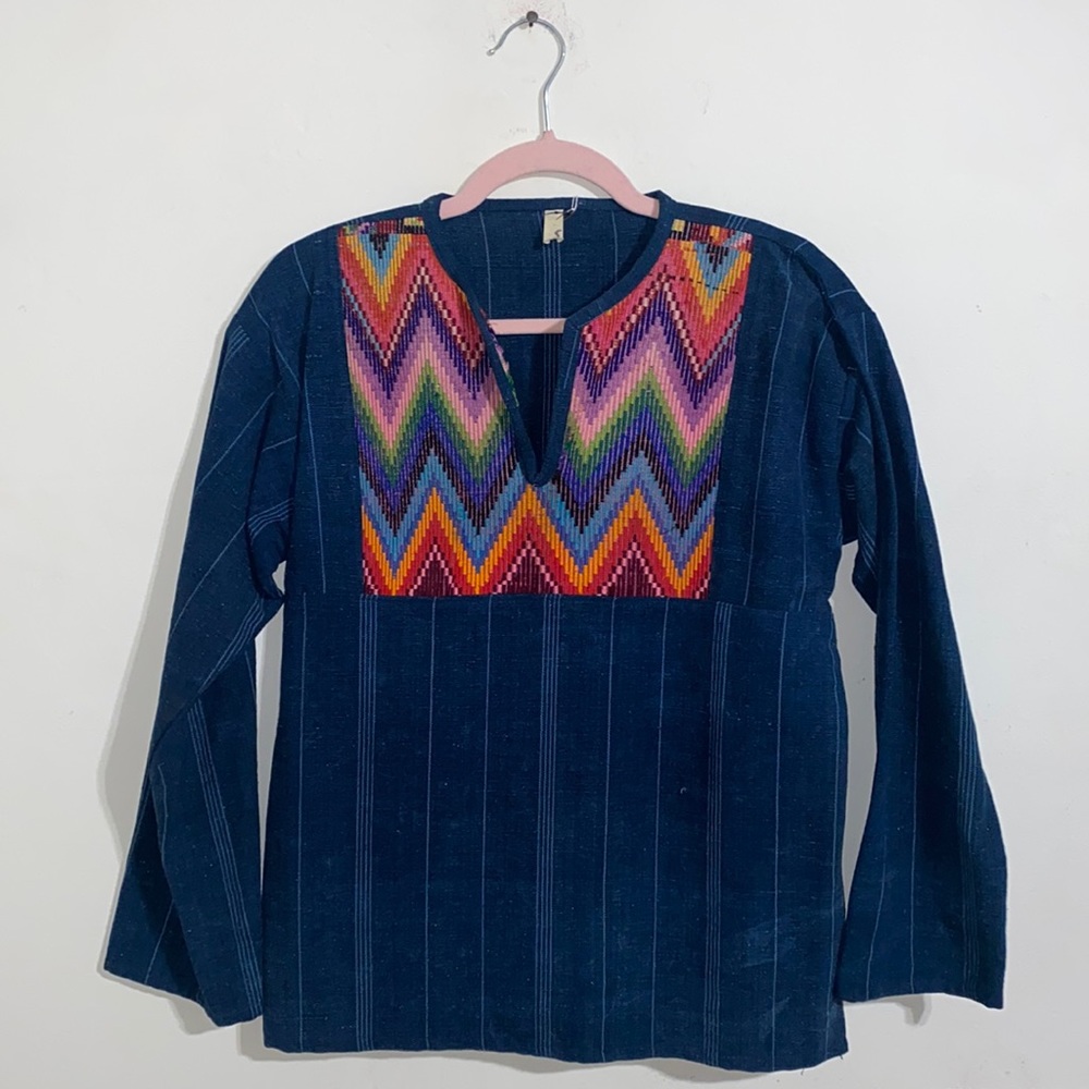 Vintage Embroidered Guatemalan Indigo Ethnic Denim 1970’s Blouse - Picture 2 of 9